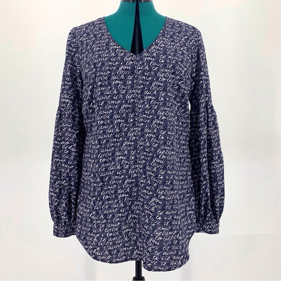 Cabi Te Amo Blouse # 5336, 'Love' Printed Long Sleeve V-neck Navy Blouse, Medium - Picture 3 of 16